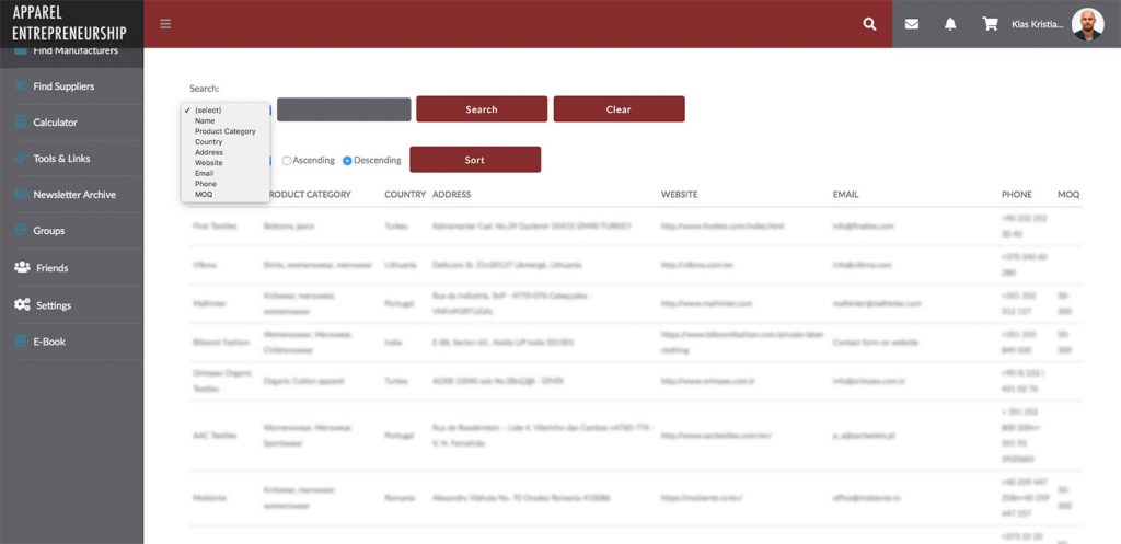 Apparel Entrepreneurship Manufacturer Database